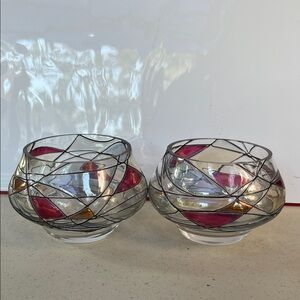 PartyLite Mosaic Glass Bowls/Votive holders with Cranberry and Gold Design